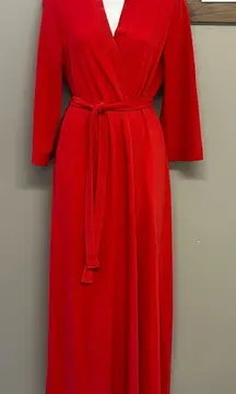 Vintage Vanity Fair Vibrant Red Full-Length Ribbed Wrap V-Neck Robe with Belt-Sm