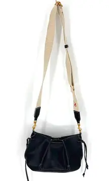 Zara Faux Leather Pleated Crossbody Bag Black with Canvas Strap Black