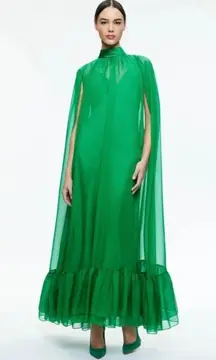 NEW ALICE + OLIVIA Lanelle Maxi Cape Dress in emerald green Chiffon Sz M
