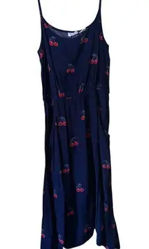 Navy Blue Cherry Print Dress - Spaghetti Straps Cinched Waist Flowy Summer Style