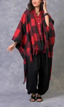Rhea Red Black Buffalo Plaid Poncho Fringe Open Front One Size