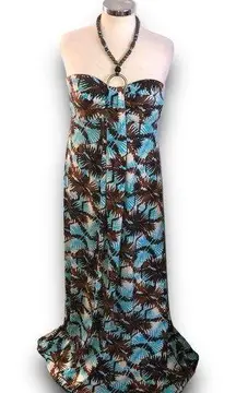 Roz & Ali Y2K  Beaded Halter Maxi Dress Blue Brown Print Boho Flowy size:12