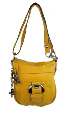 B. Makowsky Leather Shoulder Bag Purse Yellow Pebbled Quiet Luxury Leopard Lined