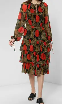 The Kooples Jungle Camelia Print Tiered Ruffle Dress L Red Multi Boho Midi