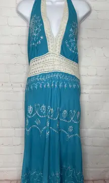 My Choice Dress Summer Halter Top Blue White Lace‎ Embroidery XL KNEE LENGTH