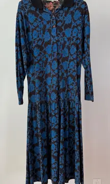 VTG Monsoon Blue Floral Retro Midi Dress  sz 10/12 Lagenlook Wearable art