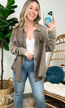 ZENANA Acid Wash Slouchy Waffle Knit Long Sleeve Button Up Shacket Size L/XL