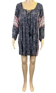 American Eagle Womens Tunic Mini Dress Long Sleeves Boho Peasant Blue Pink XS