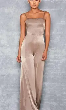 Serve It Jumpsuit Satin Sleeveless Wide Leg Khaki Size Small NEW