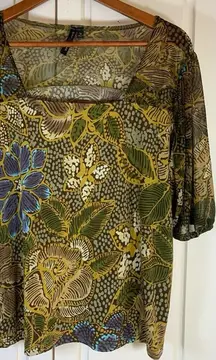 Susan Lawrence Woman Square Neck Top‎ Women's Size 1X Green Floral Office Church