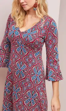 Maeve by Anthropologie Sweater Dress, Large, Red/Blue Knit Pattern 3/4 Sleeves