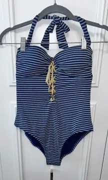 NWOT Jessica Simpson‎ Women's Medium Navy Striped Halter One Piece Swimsuit