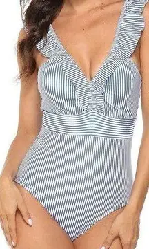 Hayden Ruffle V Neck Blue White Stripednone Piece Swimsuit NWT Size S