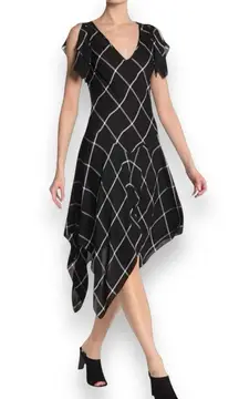 Max Studio Black Windowpane Plaid Handkerchief Hem Dress Size Medium NWT
