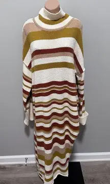 Free People Beach Atlas Pullover Turtleneck Sweater Dress Stripe Bronze Combo