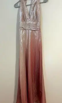 David Meister Rose Gold SILK metallic halter wedding guest gown dress maxi