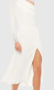 Mac Duggal 26485 Foldover Long Sleeve Jeweled Midi Dress NWT size 12 White