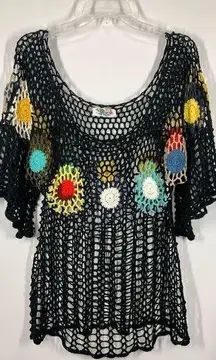 Women's Floral Crochet Short Sleeve Swim Cover Up Black One Size NWOT