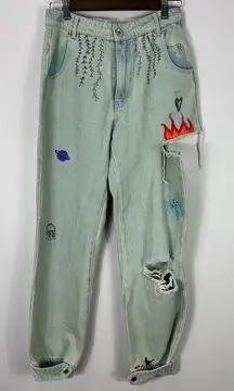 Manière De Voir Jeans 8 Light Wash Y2K Grunge Painted Patchwork Ripped Alt Emo‎