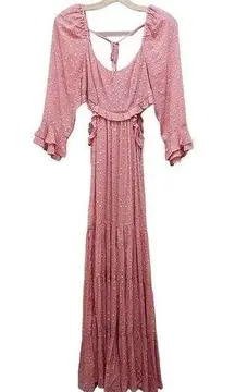 Rahi Pink Gold Side Cutout Tiered Ruffle Dress Midi Metallic Polka Dots Bohemian