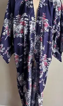 Vintage Japanese Cotton Kimono Robe Navy Floral Pagoda Print Made in Japan
