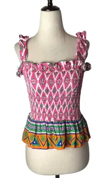 Feather & Find Shirt Women XS Pink Geometric Shiva Boho Luxe Smocked Tie Strap