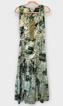 Antica Sartoria Boho Coastal Green Palm Leaf Printed Tiered Maxi Dress Small