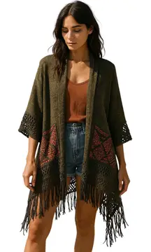Cine Anthropologie Open Front Boho Crochet Fringe Geometric Cardigan Sweater M