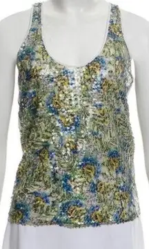 Clover Canyon Green Blue Leaf Semi Sheer Sequins Tank Top Blouse Shirt Sz Small