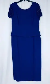 Talbots Elegant Sapphire Blue Midi Beaded Short Sleeves Event Dress 12 NWT