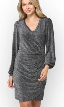 Maven West Date Night Silver Metallic Shirred Dress W1940 Sz S
