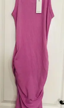 Antistar Women's Midi Dress Sleeveless Ruched Side Ribbed Crew‎ Neck Pink Medium