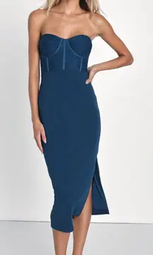 Lulus Passionate Aura Teal Blue Textured Strapless Bustier
Midi Dress