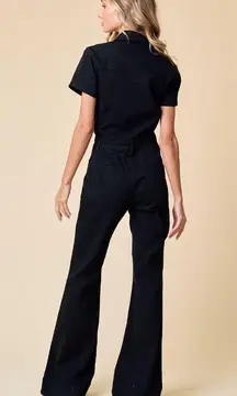 Women's Western Cowgirl Short Sleeve Black Denim Flared Jumpsuit with Stretch