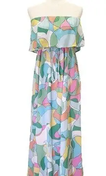 Japna Strapless Flounce Top Summer Maxi Dress Retro Aqua & Pink Print Size Small