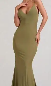 Club L Endless Love Backless Knot Detail Fishtail Maxi Dress Olive Women's US 2