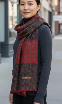 Vintage Wool Calvin Klein Paisley Square Scarf Red Brown Fringe 53 x 54