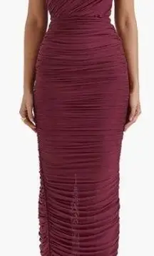 NWOT HOUSE OF CB SAPPHIRE wine plum corset Strapless Ruched Mesh maxi sz XS