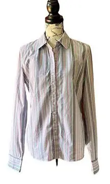 Tahari women’s multicolor striped long sleeve rodeo festival button down shirt L