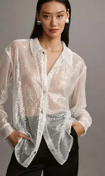 Anthropologie 4SI3NNA Sheer Sequin Long Sleeve Button Down Shirt White Large NEW