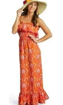 NEW Mud Pie Orange Ikat Maxi Dress Strapless Tiered Ruffle Vacation Resortwear