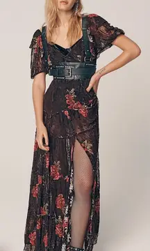 Free People • Hollis Dress maxi brown floral lace mesh Coca Cola tiered ruffle