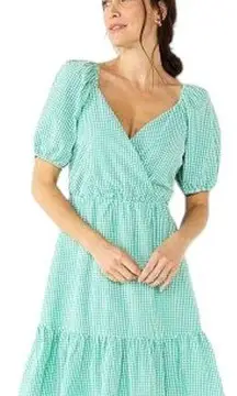 Draper James RSVP Dress Womens XL Gingham Surplice Bubble Sleeve Peplum Green