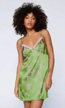 Nasty Gal Pink And Green Satin Floral Lace Nightie Slip Dress Size 6‎