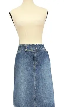 Y2K Vintage Denim Skirt Size 9 (29/30 Waist) Anchor Blue Studded Mini Skirt