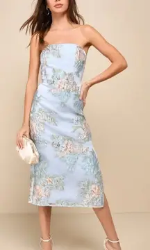 NWT Lulus Upgraded Event Blue Jacquard Strapless Bustier Midi Dress Wessing XS