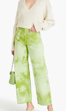 Wandler Magnolia Tie-Dye High Rise Wide Leg Jeans Lime Green 100% Cotton 26