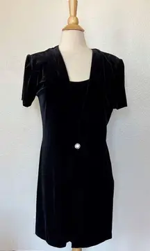 Vintage 90’s Solid Black Velvet Mock Cardigan Short Sleeve Cocktail Dress