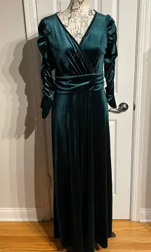 Velvet Emerald V-Neck Long Sleeve Evening Gown Party Wrap Maxi Dress holiday costume Green Sz M/L