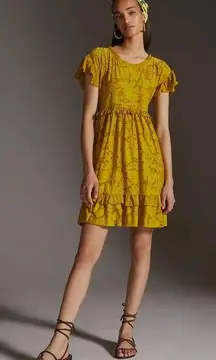 Anthropologie  Ruffle Knit Ruffle Swing Mini Dress - CHARTREUSE Size Medium